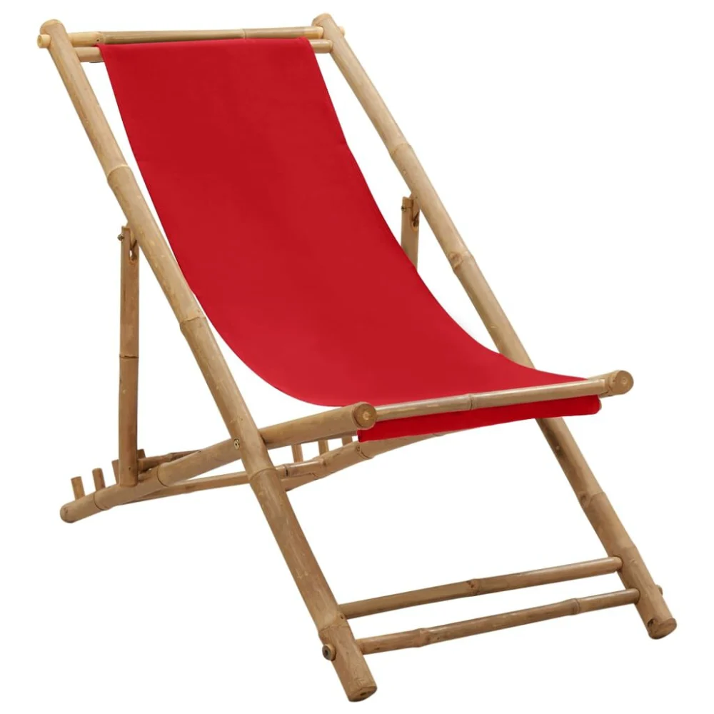 Deck Chair Bamboo and Canvas Red Outdoor Beach Chair