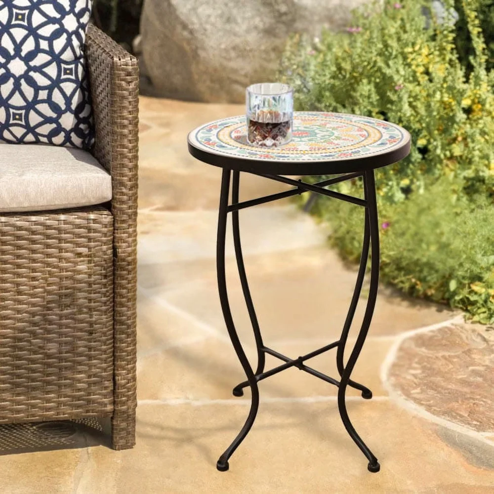 Saint Birch Metal Mosaic Accent Table with Multicolor Floral Medallion Tabletop
