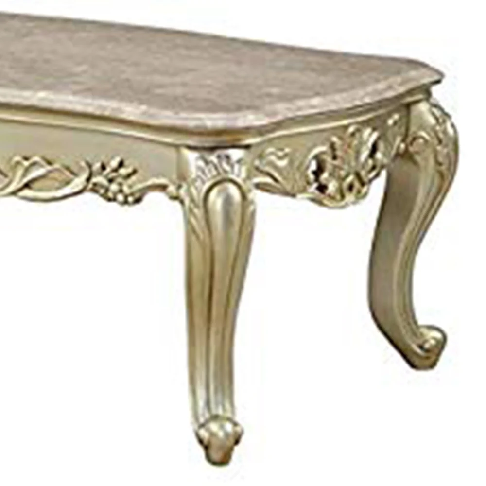 Benzara Wooden Coffee Table with Decorative Polyresin Carvings and Marble Top in White