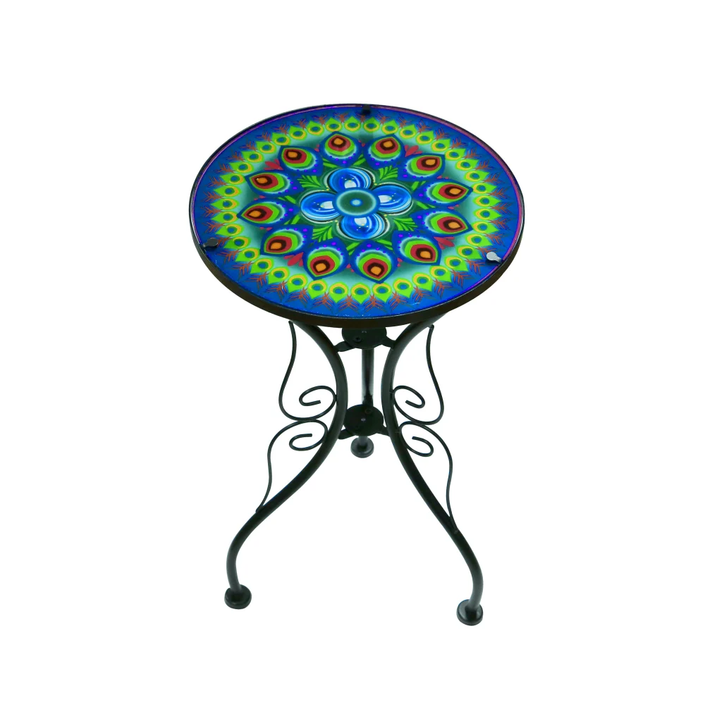 22 Inch Peacock Design Glass Metal Side Table by Trademark Innovations
