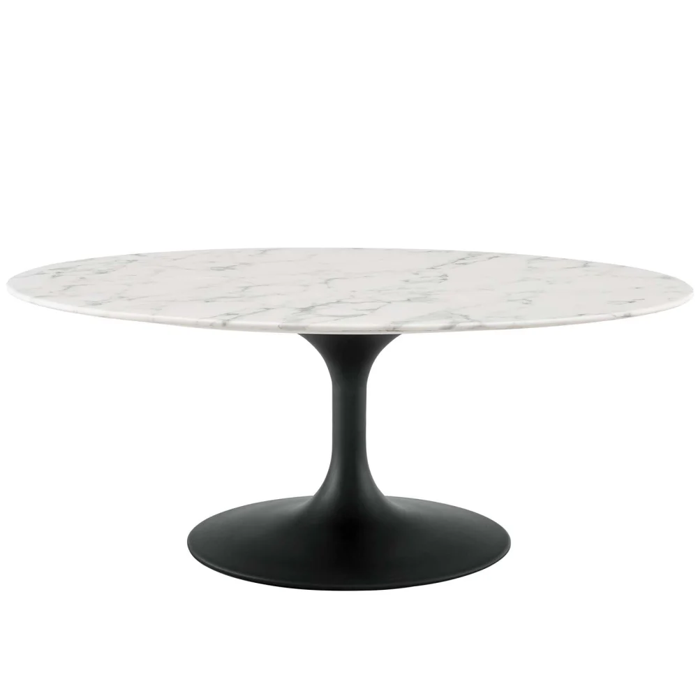 Contemporary Modern Urban Designer Oval Coffee Table Artificial Marble Stone Metal Black White