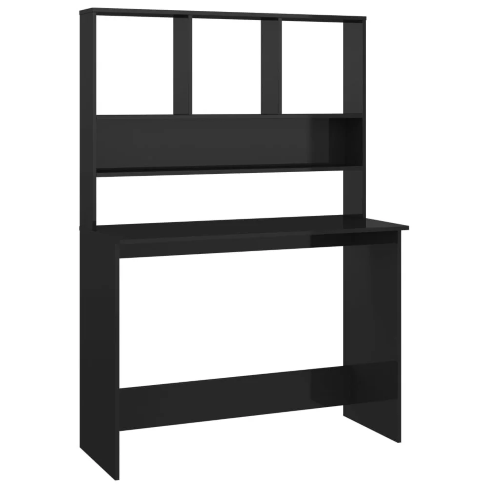 High Gloss Black Desk with Shelves 43.3x17.7x61.8 Inches Engineered Wood