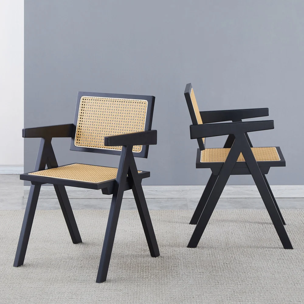 2 Dining Chairs Black Elastomer Timber Solid Timber Production Rattan