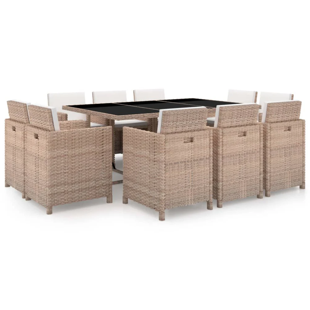 11 Piece Patio Dining Set with Cushions Poly Rattan Beige Outdoor Furniture