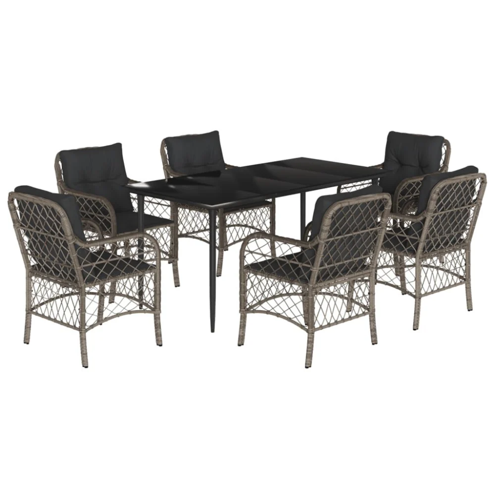 7 Piece Gray Poly Rattan Patio Dining Set with Cushions Outdoor Furniture