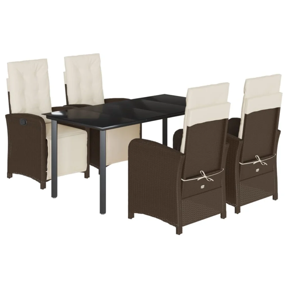 5 Piece Patio Dining Set with Cushions Brown Poly Rattan Garden Table and Chairs