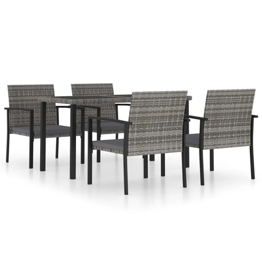 5 Piece Gray Poly Rattan Patio Dining Set Outdoor Furniture with Glass Table