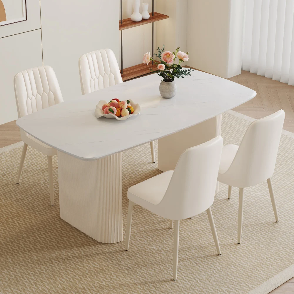 67 Inch X 35.4 Inch Cream Style MDF White Dining Table Set With Chairs