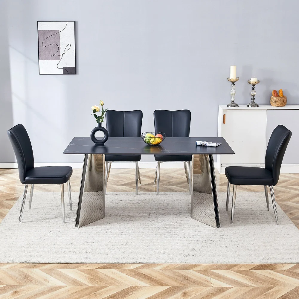 Black Stone Patterned Table And Chair Set 63 Inch X 31.5 Inch X 30 Inch