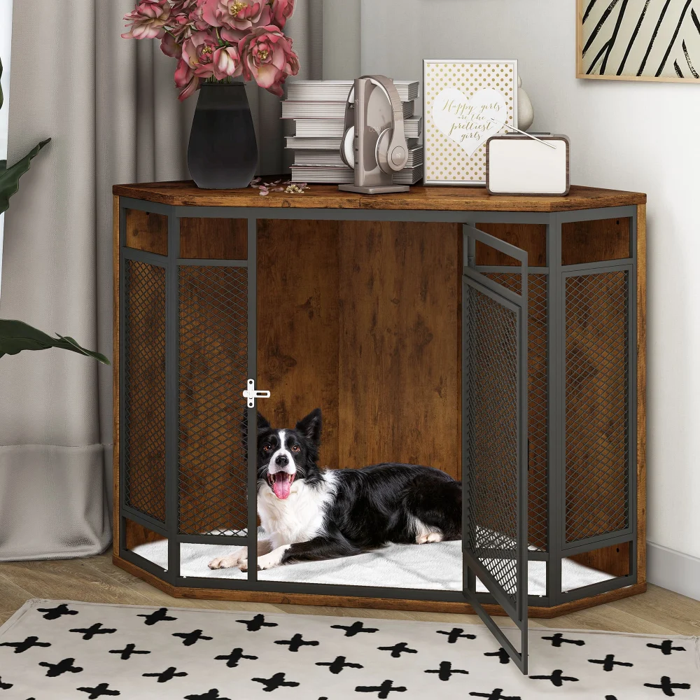 Dextrus Corner Dog Crate Furniture with Wooden Kennel and Metal Mesh