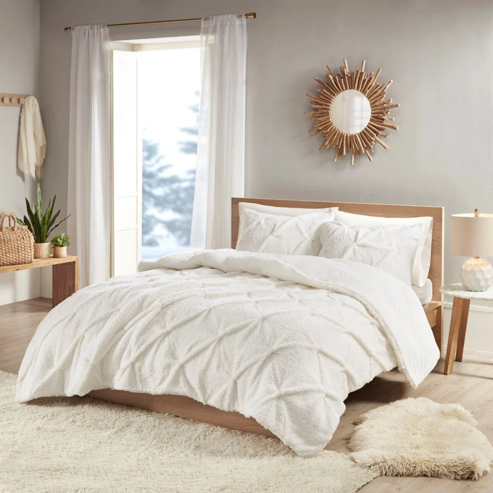 King Size Pintuck Sherpa Down Alternative Comforter Set in Ivory