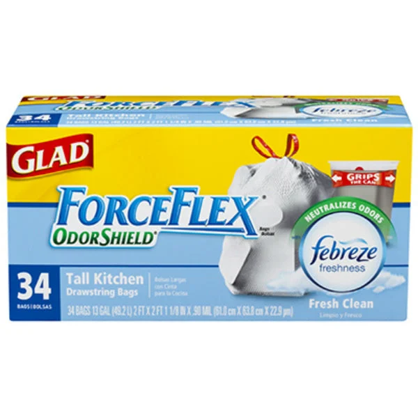 Glad ForceFlex OdorShield Tall Kitchen Drawstring Trash Bags Fresh Clean 34-Count