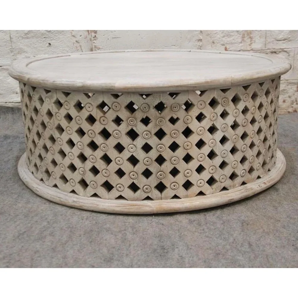 Wooden Round Drum Mesh Coffee Table - Rustic Center Table for Living Room