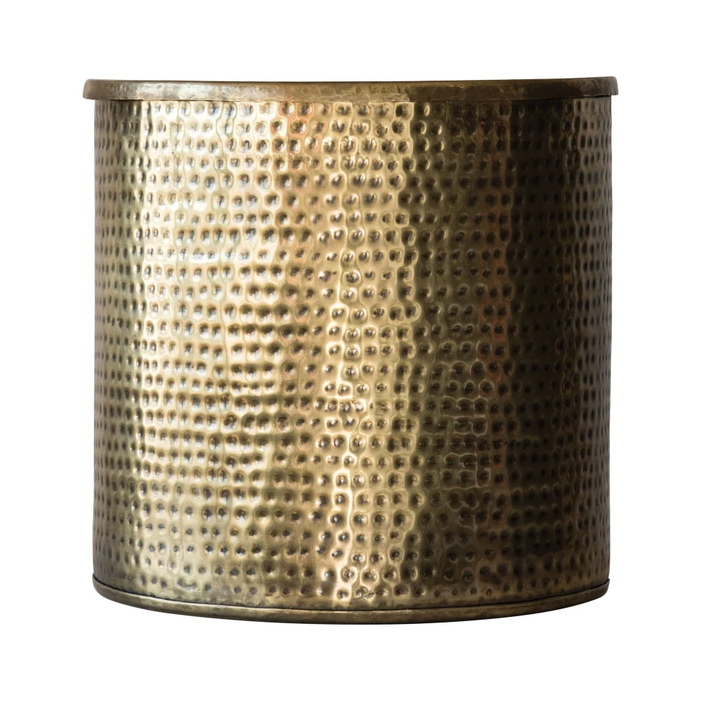 Antique Brass Hammered Metal Drum Table with Lid for Living Room Decor