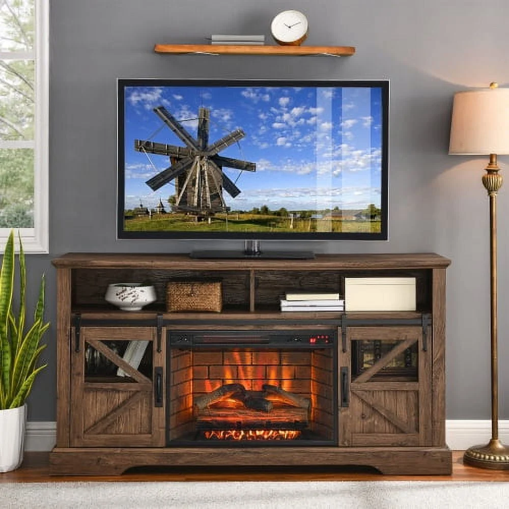 60 Inch Electric Fireplace Entertainment Center with Door Sensor in Reclaimed Barnwood Color