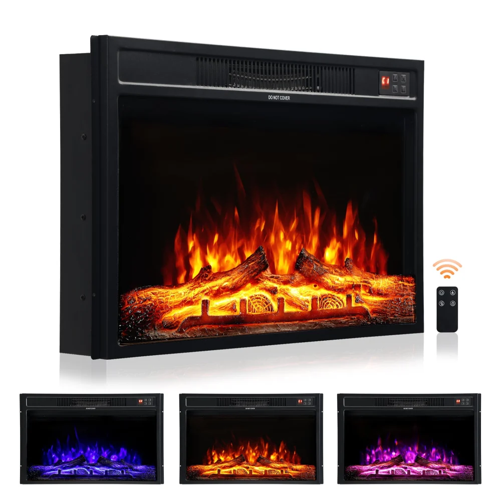 28 Inch Electric Fireplace In-Wall Recessed Heater with Adjustable Flame Color and Remote Control