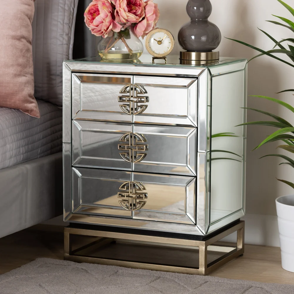 Baxton Studio Laken Contemporary Glam Mirrored and Antique Bronze 3-Drawer End Table - Luxe Side Table