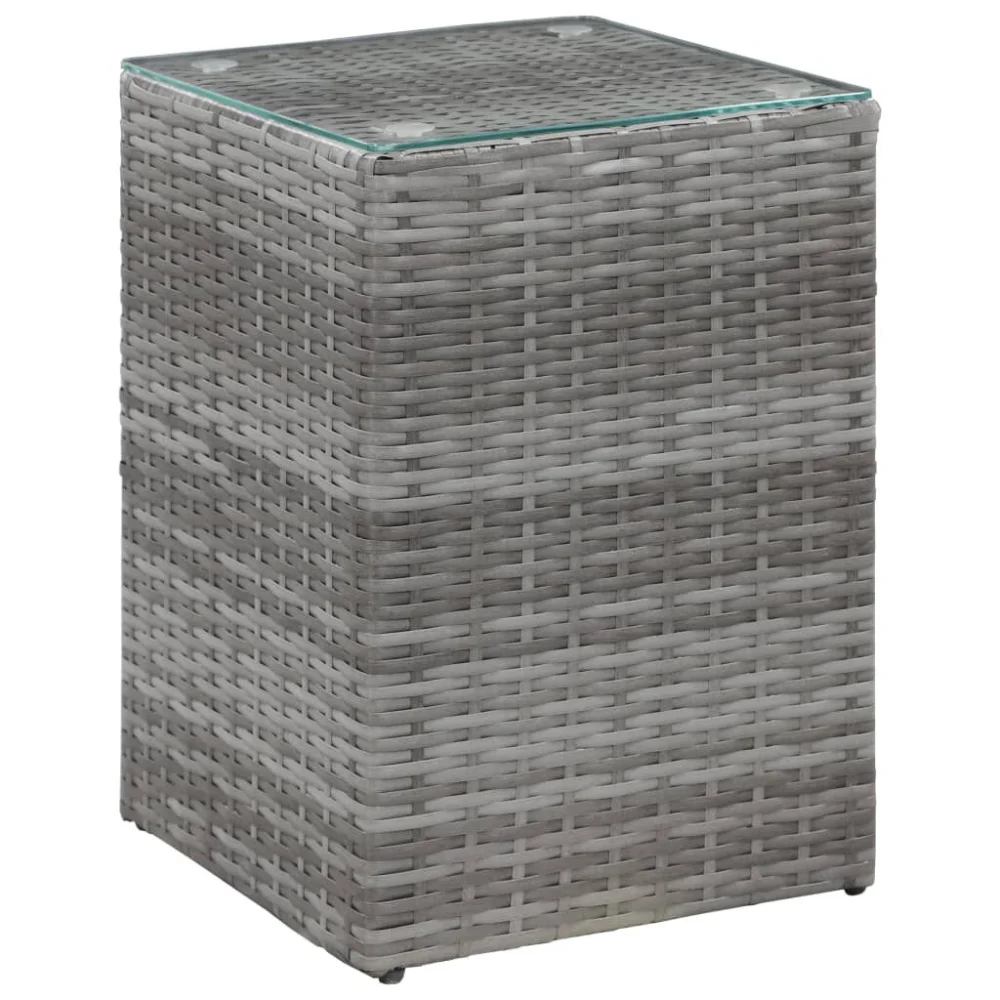 Gray Side Table with Glass Top 13.8x13.8x20.5 Inches Poly Rattan End Table