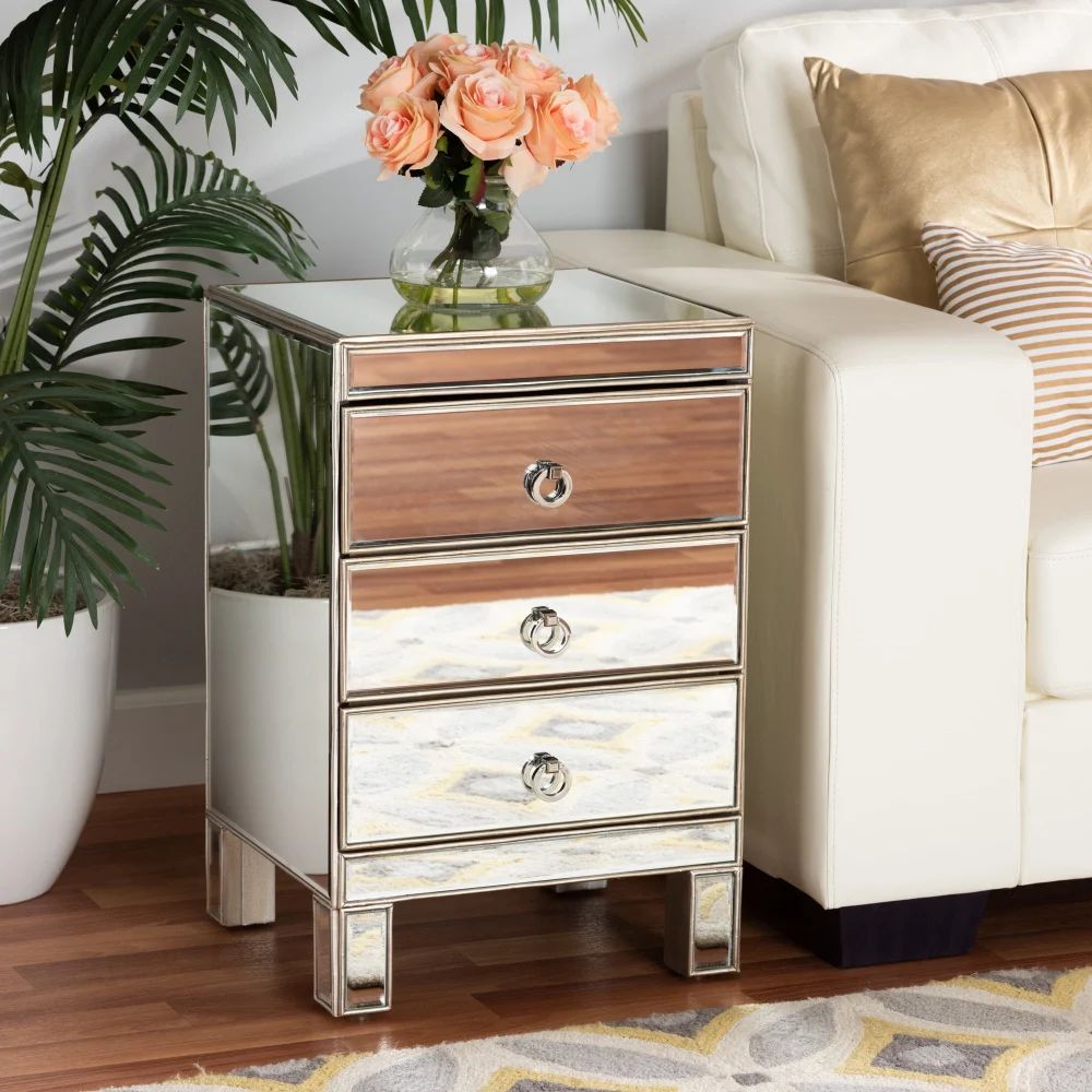 Baxton Studio Ewan Contemporary Glam and Luxe Mirrored 3-Drawer End Table - Modern Side Table