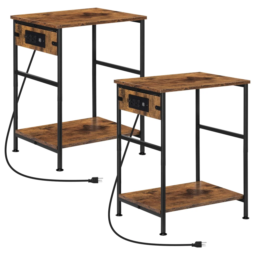 2-Tier End Tables with Charging Station Set of 2 for Bedroom Living Room
