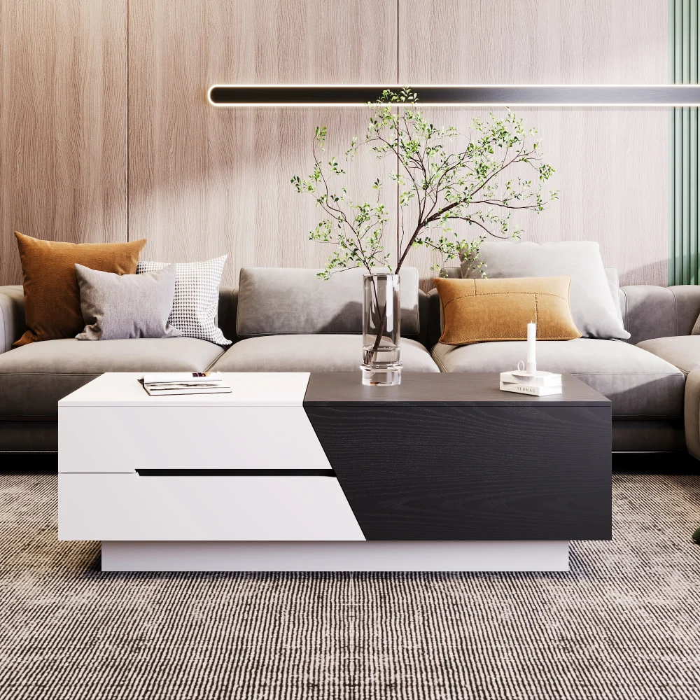 DeeHome Modern Extendable Sliding Top Coffee Table with Storage in White Black - Contemporary Living Room Furniture