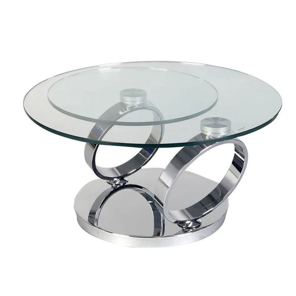 32-53 Inch Puf 2 Round Extendable Coffee Table with Tempered Glass Tops Chrome Base
