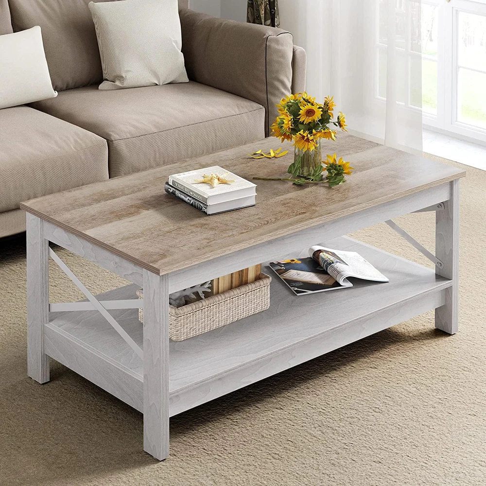 Dextrus Farmhouse 2-Tier Wood Coffee Table with Storage Shelf for Living Room in Gray