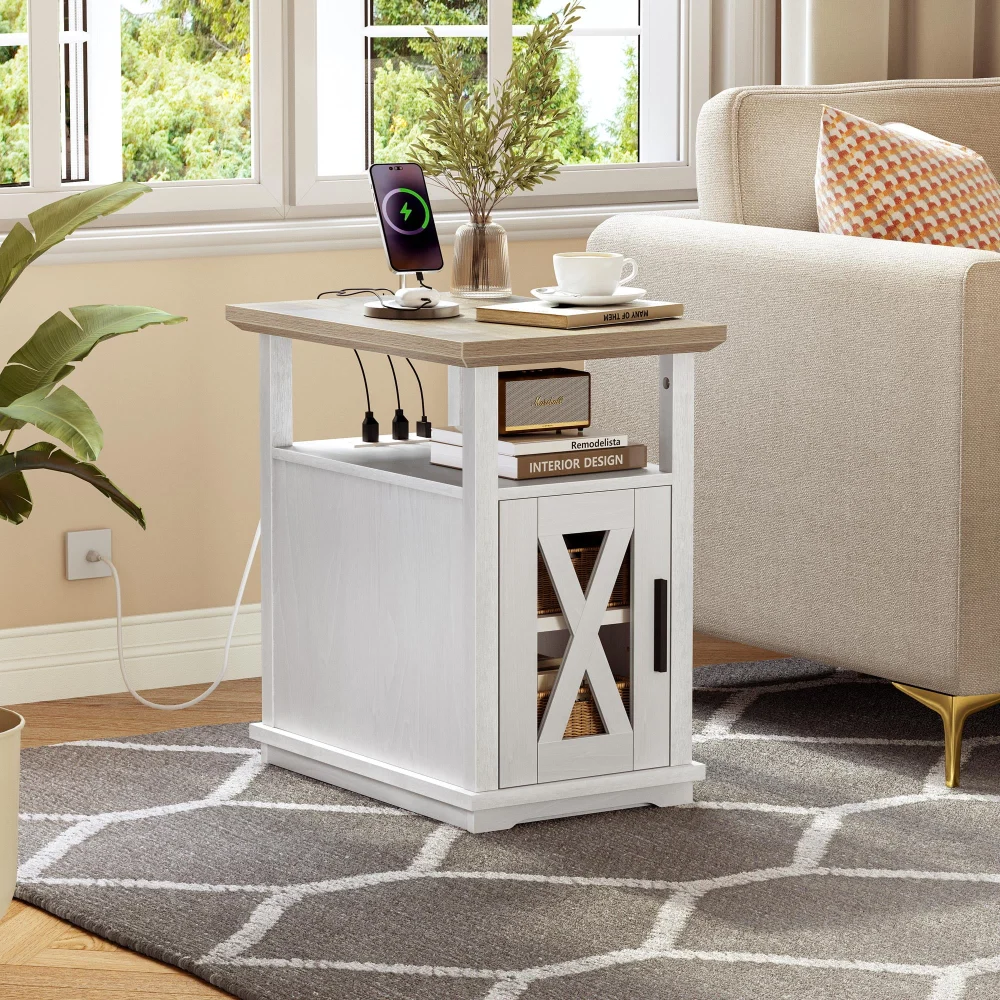 Dextrus Farmhouse End Table with Charging Station Sofa Side Table Nightstand with Storage Cabinet White