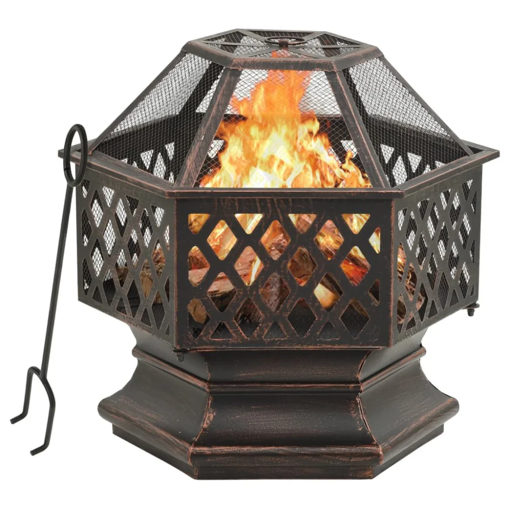 Rustic Fire Pit with Poker 24.4x21.3x22 Inches XXL Steel Outdoor Fireplace