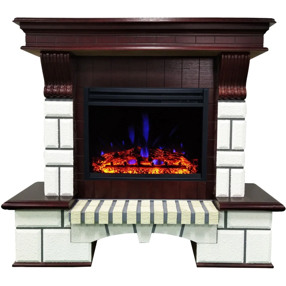 Cambridge 48-Inch Belcrest Traditional Faux Brick Electric Fireplace Mantel with Enhanced Log Display White and Mahogany