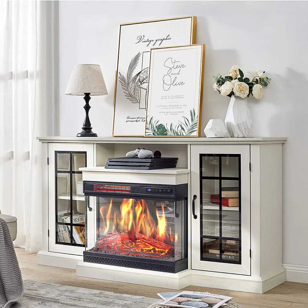 AMERLIFE 3-Sided Glass Fireplace TV Stand for 65 Inch TVs with LED Lights