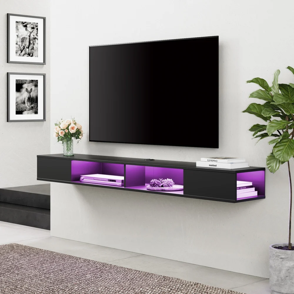 70 Inch Floating TV Stand with RGB Light for Living Room Black