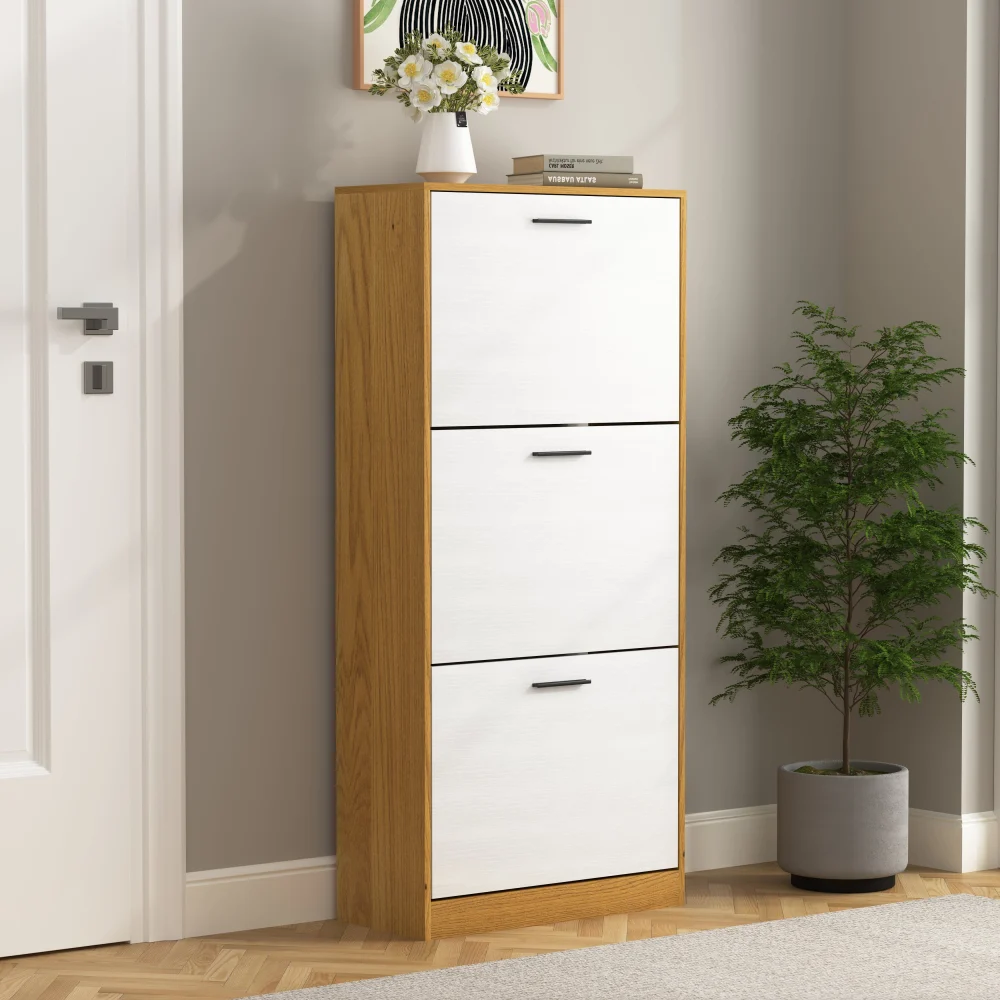 3 Panel Flip Drawer Shoe Storage Cabinet Freestanding Organizer White
