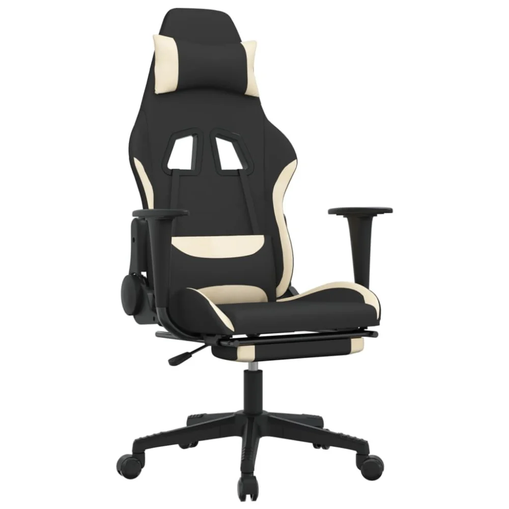Black and Cream Fabric Gaming Chair with Footrest Modern Office Chair