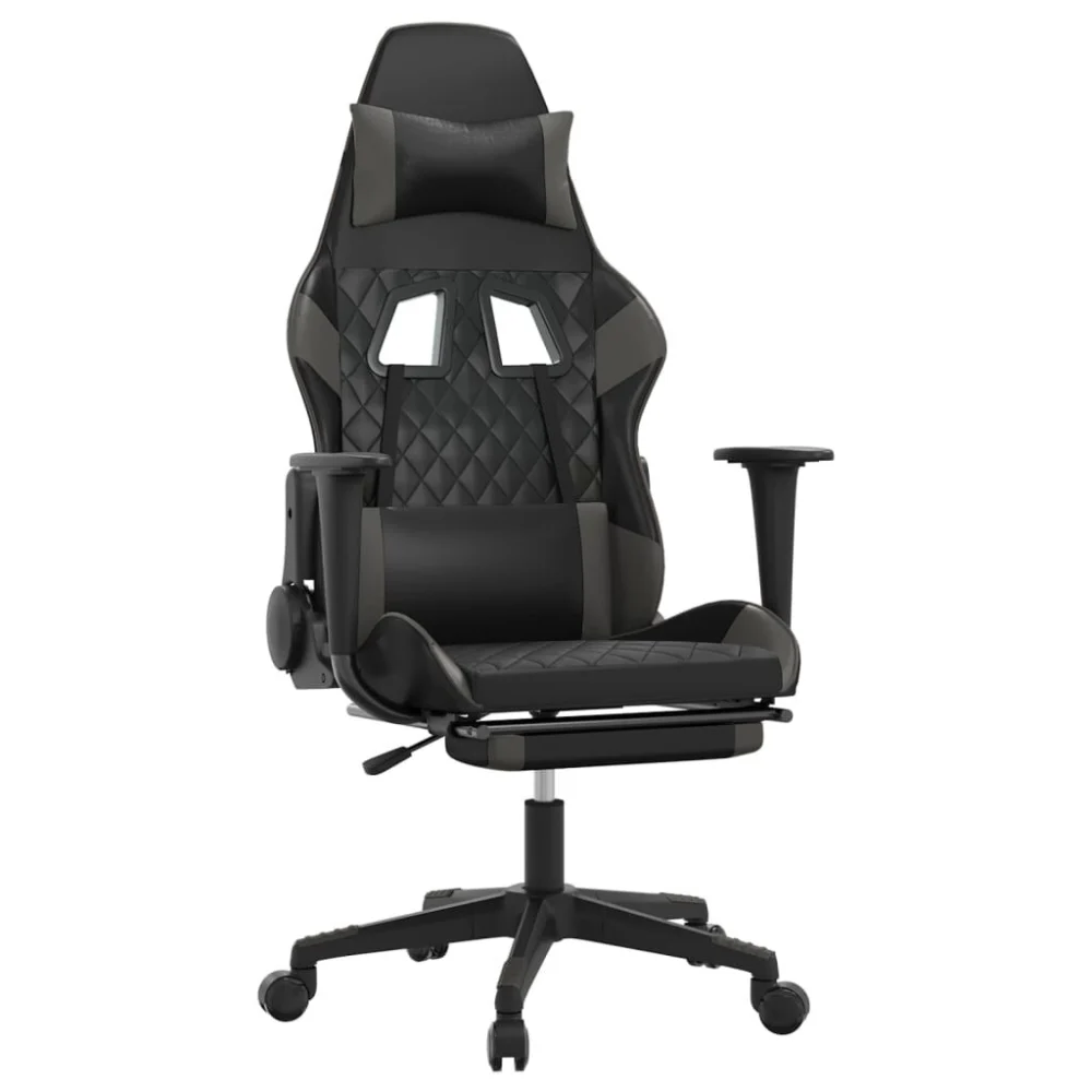Black and Gray Faux Leather Gaming Chair with Footrest Ergonomic Office Chair