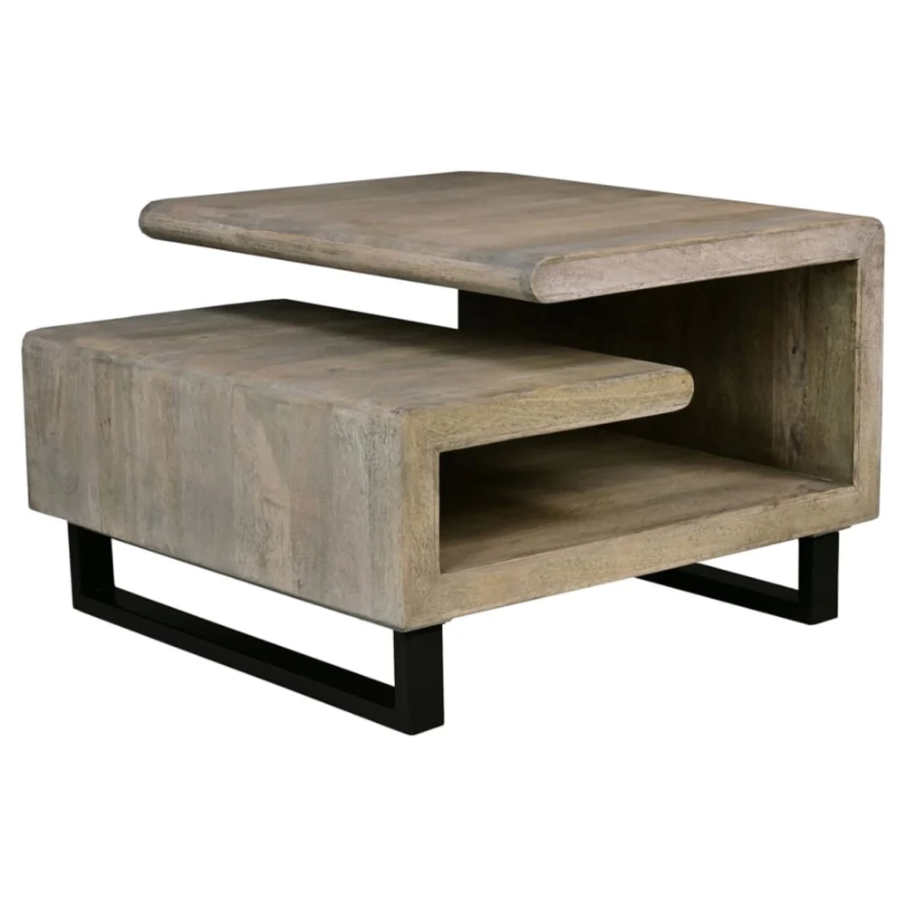 30 Inch Handcrafted Geometric Coffee Table Weathered Gray Mango Wood Frame Black Powder Coated Base
