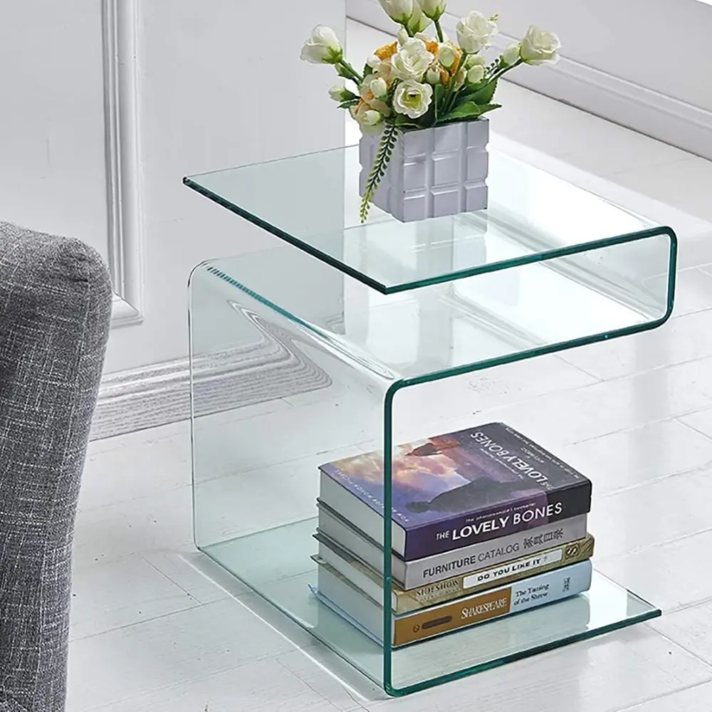 Glass Nightstand S-Shaped End Table for Living Room or Bedroom