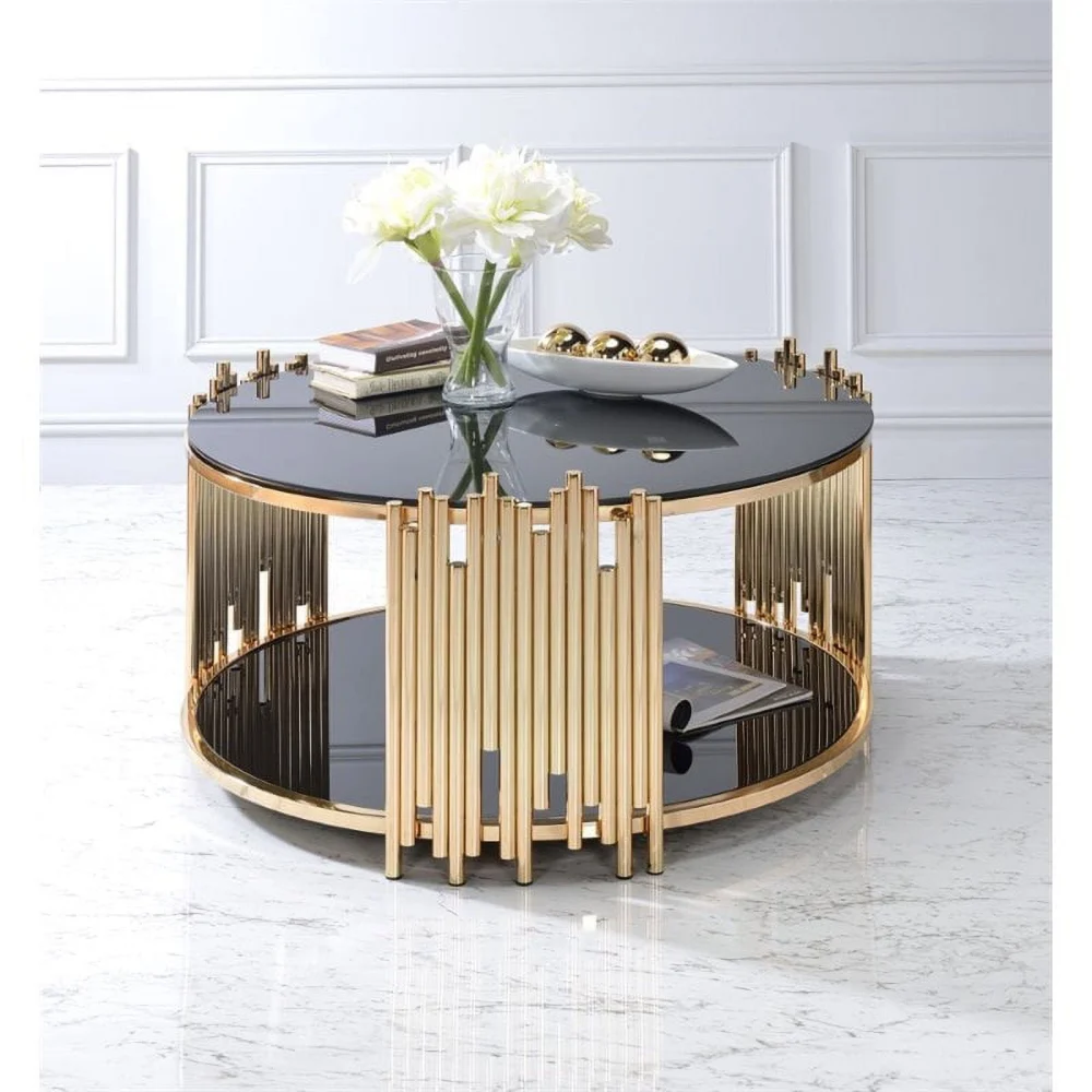 Pemberly Row Modern Round Glass Top Coffee Table in Black and Gold for Living Room