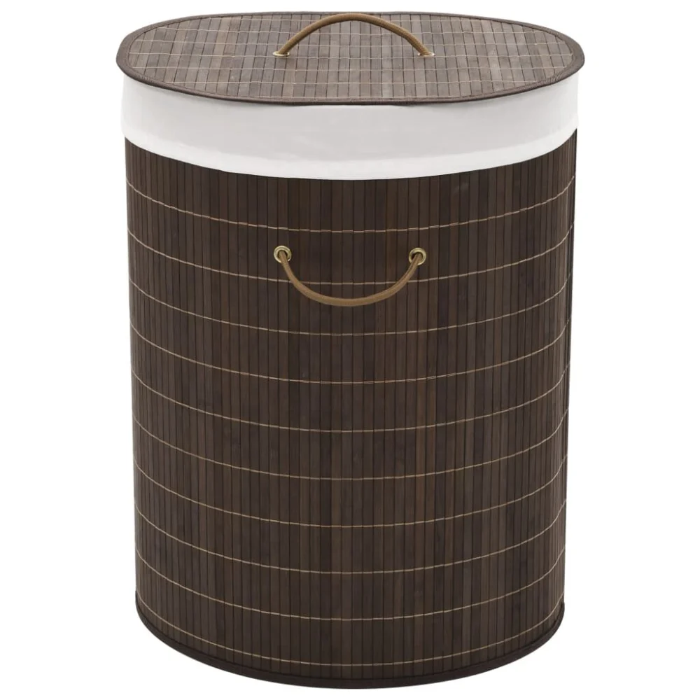 Dark Brown Oval Bamboo Laundry Bin Hamper for Bedroom or Bathroom