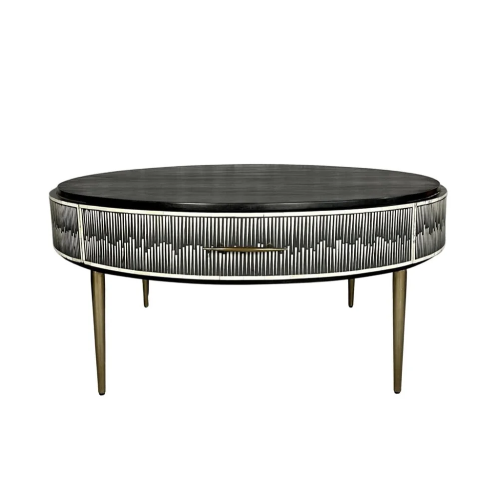 Arrow Round Bone Inlay Coffee Table Black with Drawer Handcrafted Design