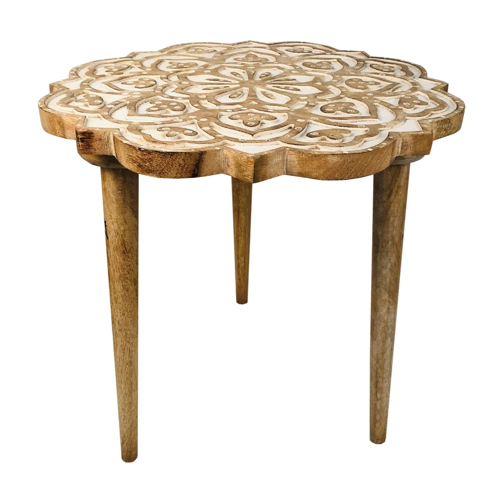 Urban Port 18 Inch Handcrafted Mango Wood Side Table - Floral Carved Top Tripod Base Antique Brown