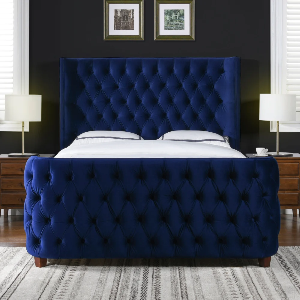 Brooklyn King Tufted Panel Bed Headboard And Footboard Set Navy Blue Upholstered Bed