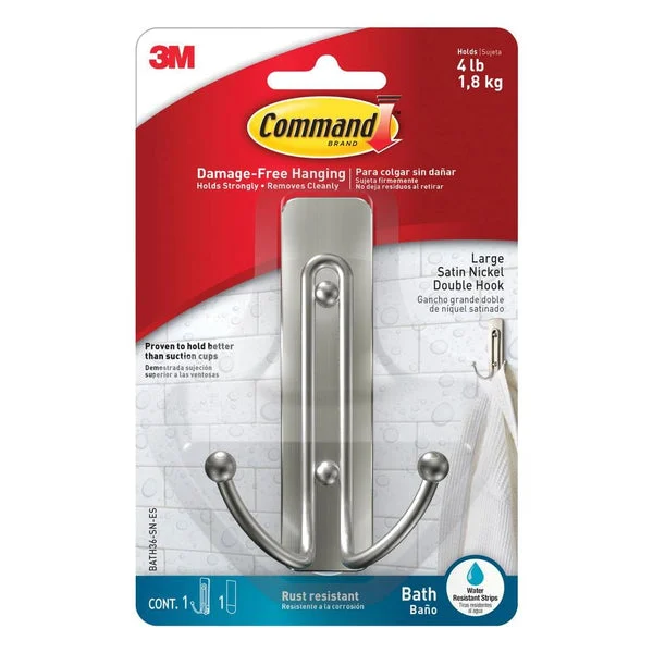 Command Large Double Bath Hook Satin Nickel BATH36-SN-ES