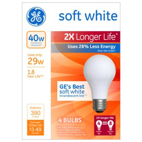 GE 70337 Soft White Long Life A19 Incandescent Bulb 29W 4-Pack for Home Lighting