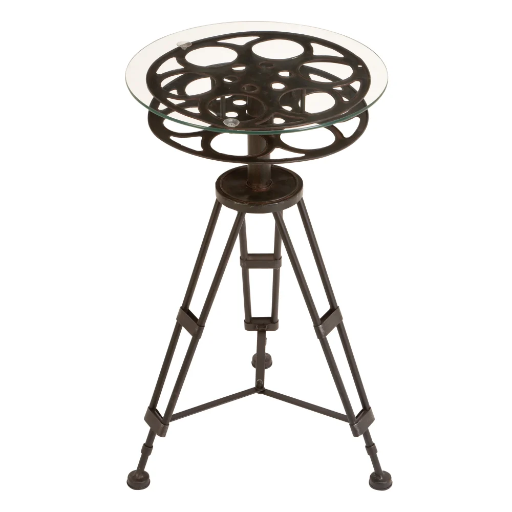 DecMode 15 x 25 Black Metal Film Reel Accent Table with Tripod Legs and Glass Top 1-Piece