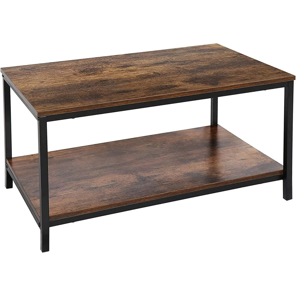 2-Tier Industrial Coffee Table with Storage Shelf for Small Apartment Living Room, Rectangle Wood and Metal TV Stand Side Table, Rustic Brown