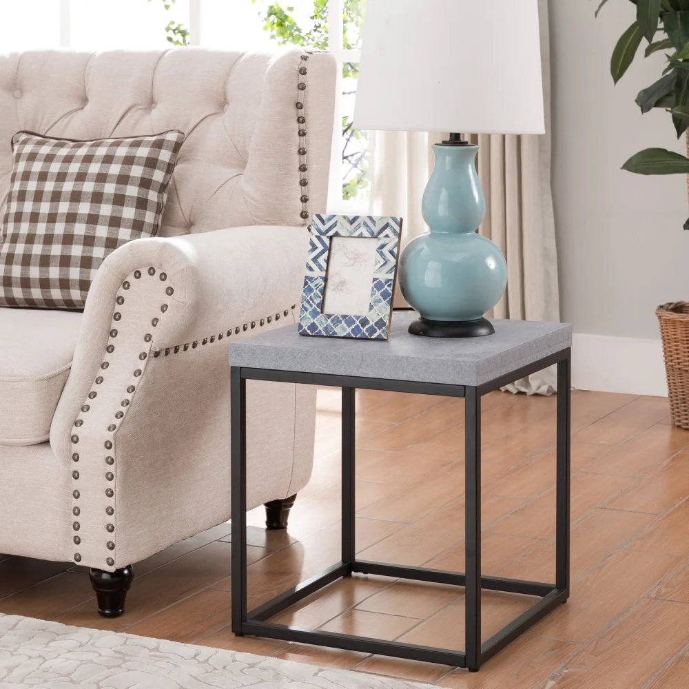 18 Grey Square End Table Side Table Nightstand with Extra Thick 1.6 Tabletop Modern Industrial Wood and Metal for Living Room
