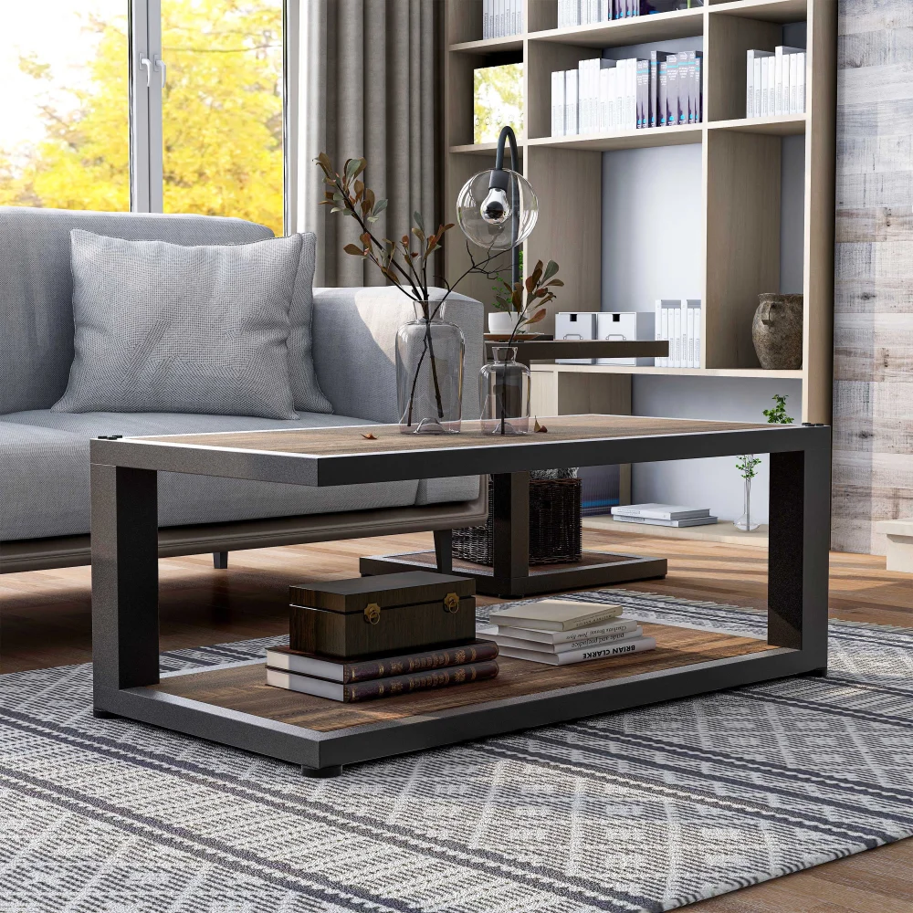 Furniture of America Elto 1-Shelf Metal Sand Black and Dark Walnut Coffee Table - Industrial Style