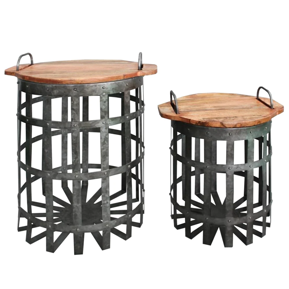 Industrial Grid Galvanized Accent End Table with Round Lid and Handles Set of 2 Gray and Brown