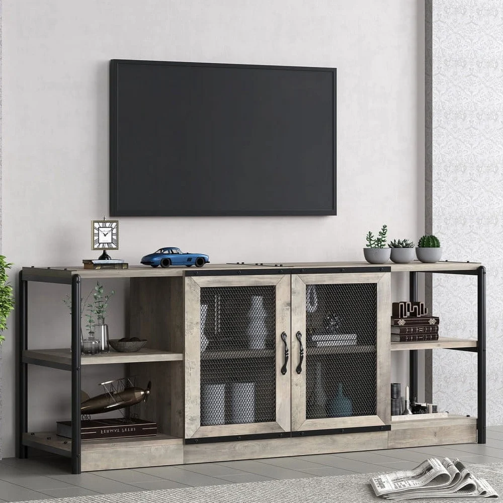 Emorefun 63 Inch Industrial Wooden TV Stand with Storage for TVs up to 70 Inch, Gray